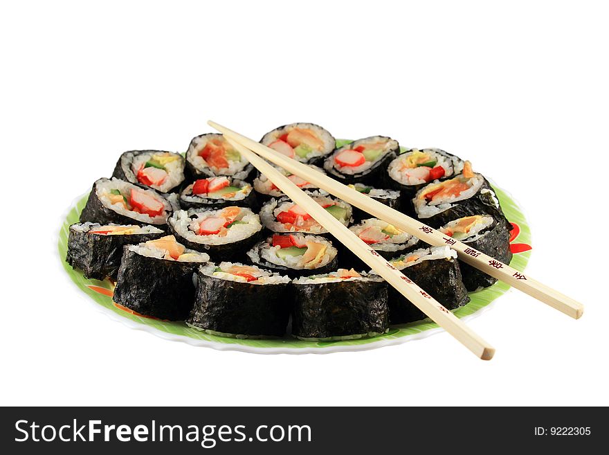 Sushi on a plate isolated on white background