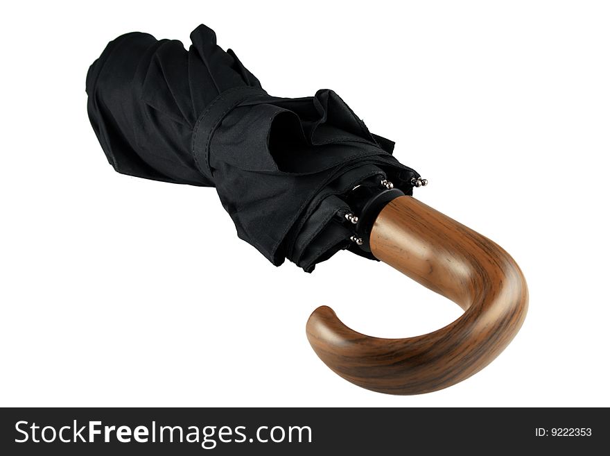 Black umbrella with brown handle isolated on white
