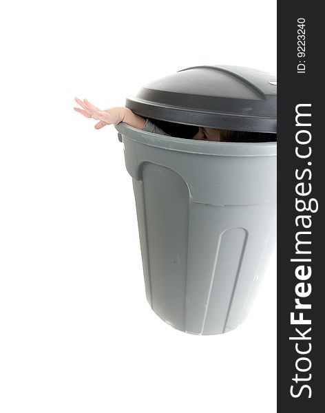 Help - hand reaches out from garbage can. Help - hand reaches out from garbage can