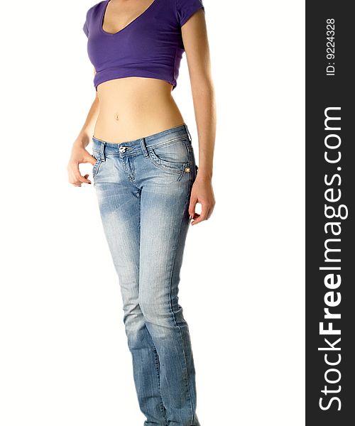 Girl with jeans on the white background. Girl with jeans on the white background