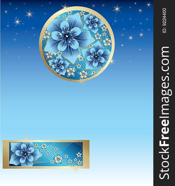 Blue background with blue and gold flowers, vector, illustration