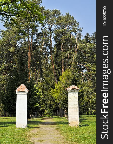 Tree path with two columns at entrance