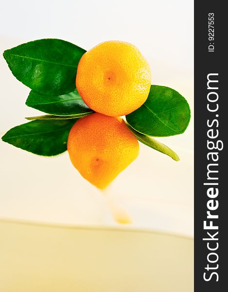 Close-up tangerine with leaves, with its own reflection. Close-up tangerine with leaves, with its own reflection