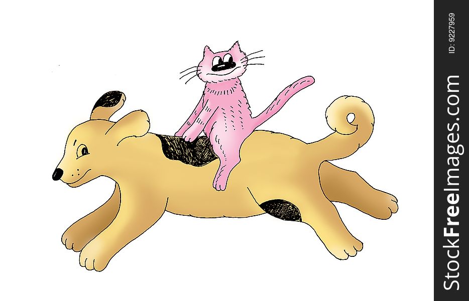 The cat goes astride a dog. Manual drawing. The cat goes astride a dog. Manual drawing.