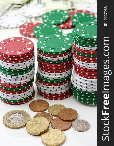 Colorful stacks of poker chips. Series of casino