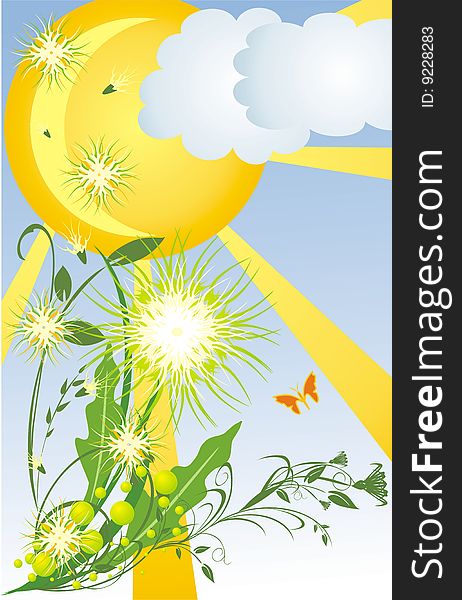 Dandelions and grass. Spring composition. Vector illustration