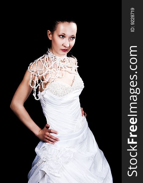 Dark hair bride in white dress