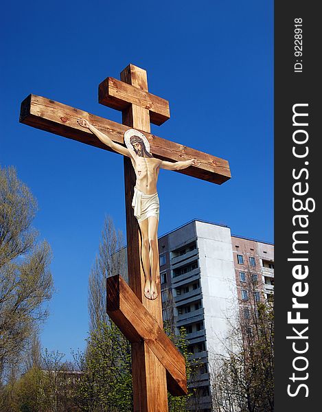 Chernobyl area.Cross in memory of city. Lost city Pripyat. Modern ruins. Ukraine. Kiev region.