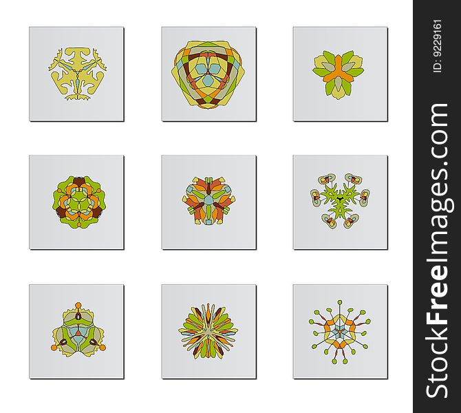 A selection of nine different symmetrical flowers over a grey button/icon. Fully scalable vector illustration. A selection of nine different symmetrical flowers over a grey button/icon. Fully scalable vector illustration.