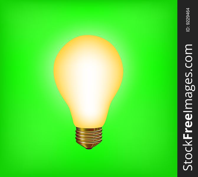 Vector illustration of the light bulb brighting with yellow light on the green background