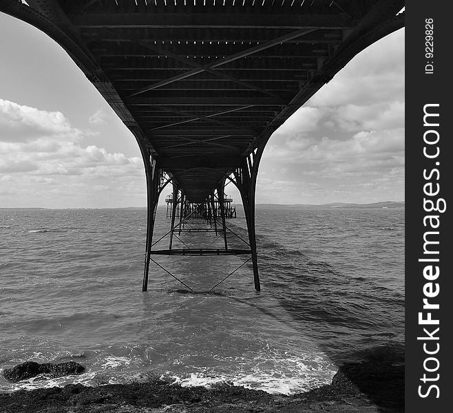 View from underneath Clevedon pier with view of sea