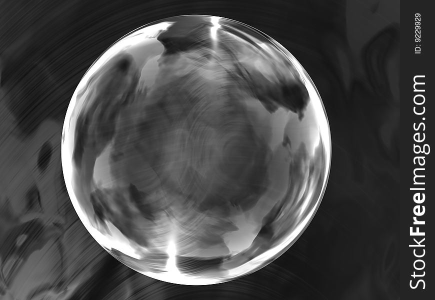 Transparent glass sphere on a black glass background. Transparent glass sphere on a black glass background