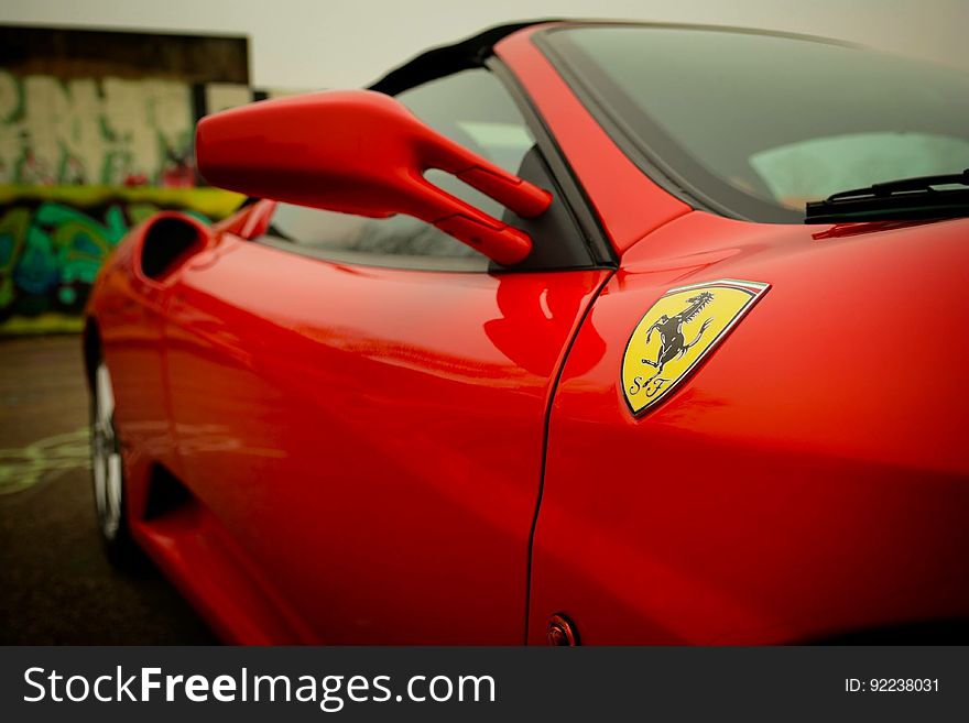 Closeup of a red Ferrari.