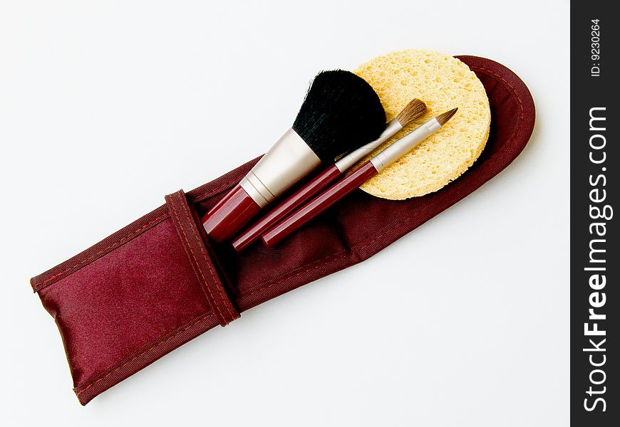 Cosmetic brush and aplikator on a white background in a valise