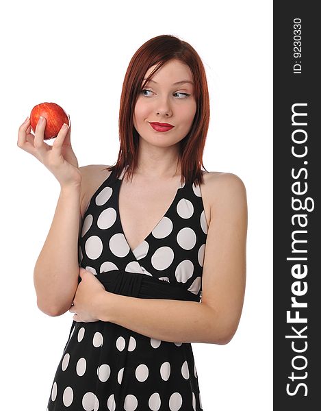 Redhead woman holding a red apple isolated on a white background. Redhead woman holding a red apple isolated on a white background