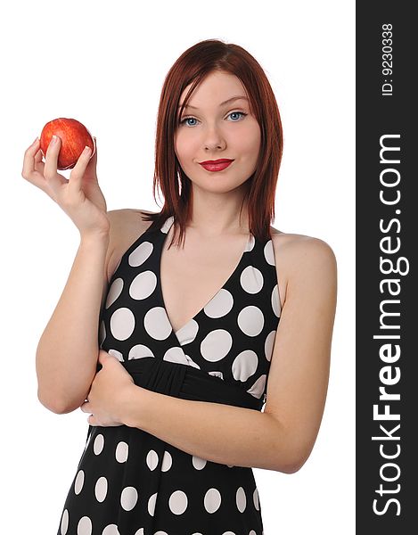 Redhead woman holding a red apple isolated on a white background. Redhead woman holding a red apple isolated on a white background