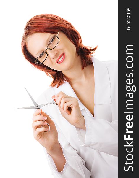 A doctor with scissors in her hands.