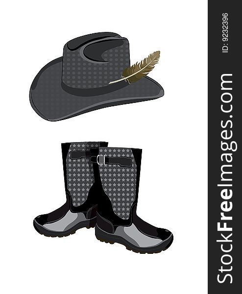 Hat with feather and boots for hunting on a white background. Hat with feather and boots for hunting on a white background