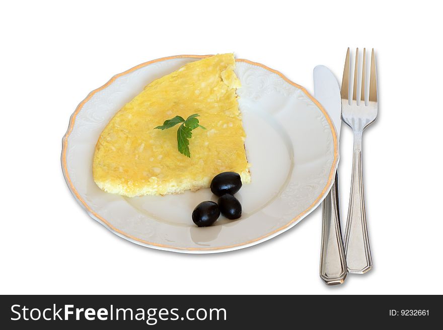 Plate with omelet and olives isolated on white background with clipping path. Plate with omelet and olives isolated on white background with clipping path