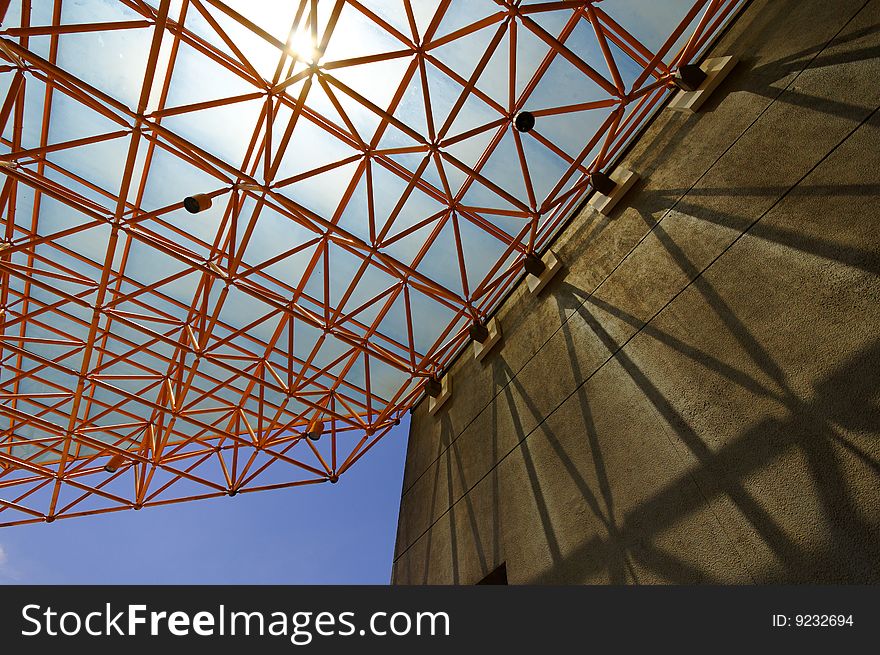 Glass roof supported by steel truss. Glass roof supported by steel truss