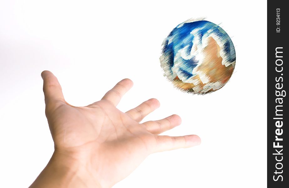 Hand with world on white background. Isolated image. Hand with world on white background. Isolated image