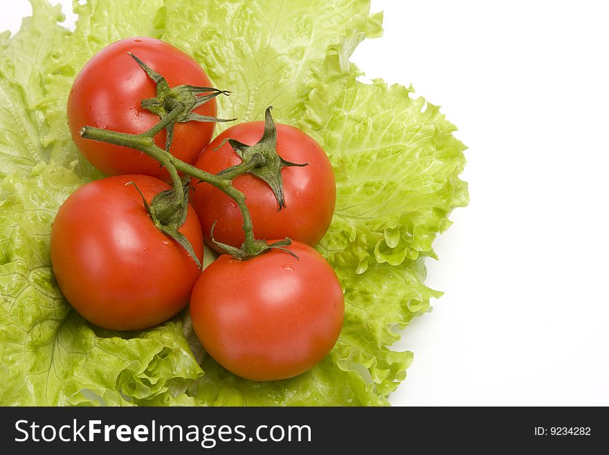 Group red tomato on leaf lettuce. Isolated over white background.