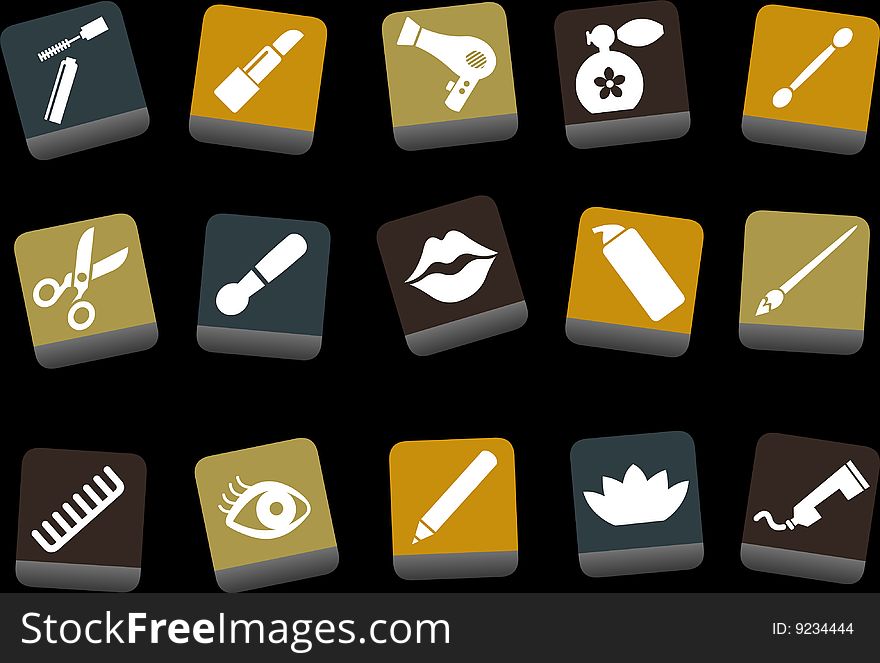 Vector icons pack - Yellow-Brown-Blue Series, make-up collection. Vector icons pack - Yellow-Brown-Blue Series, make-up collection