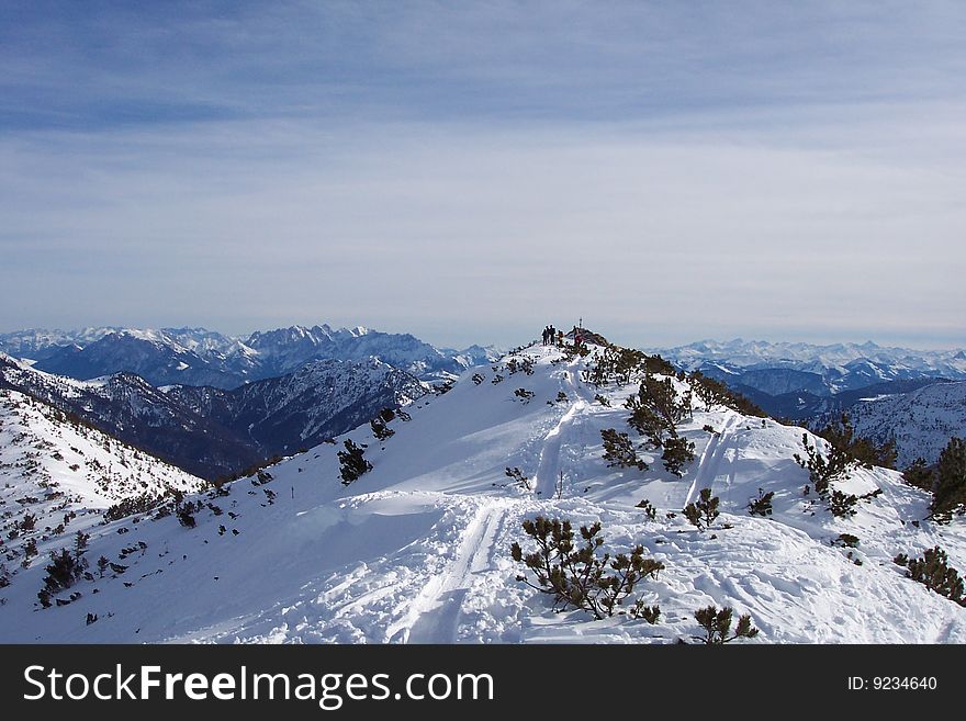 Panoraic view of the Austrian Alps in winter with skiing trak. Panoraic view of the Austrian Alps in winter with skiing trak
