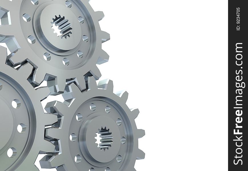 3d illustration of gear wheels at left side on white background. 3d illustration of gear wheels at left side on white background