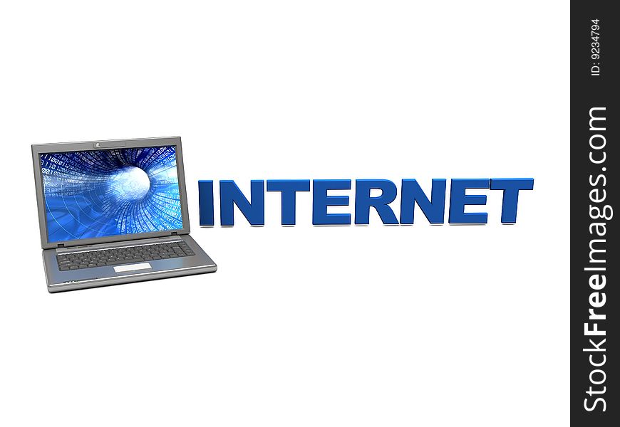 3d illustration of laptop and internet sign, over white background