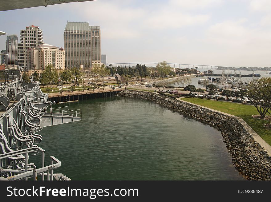 View of San Diego bay area from USS Midway aircraft carrier. View of San Diego bay area from USS Midway aircraft carrier