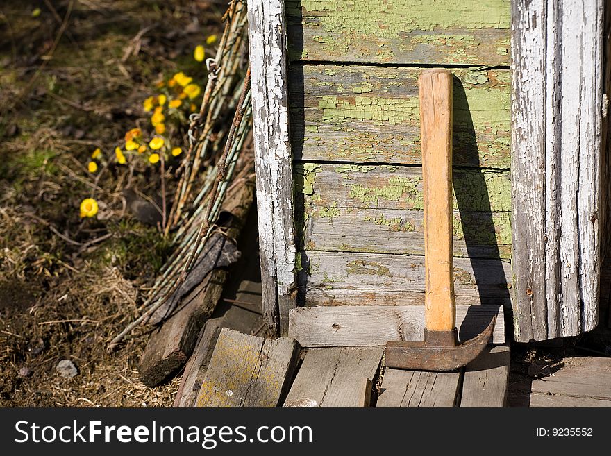 Hammer near old grunge wall. Hammer near old grunge wall