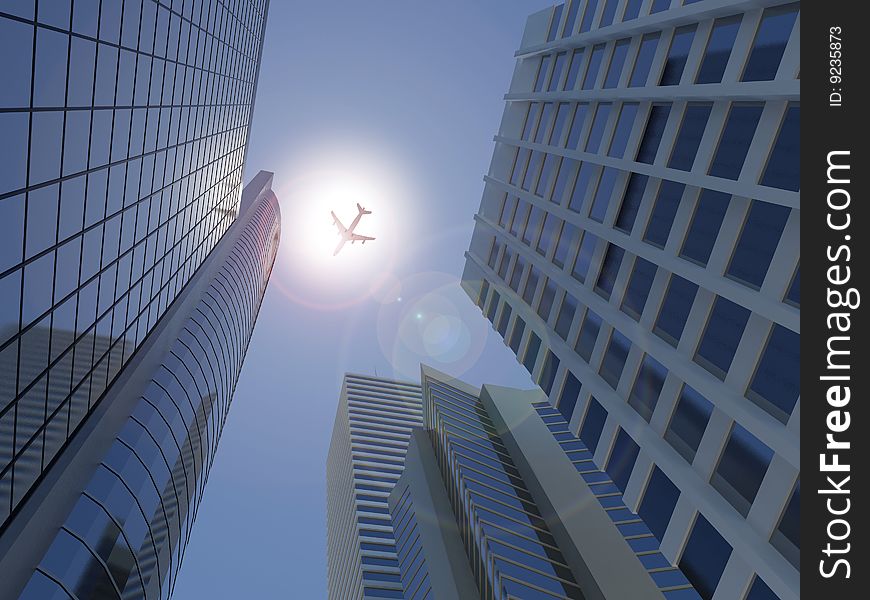 Image of a jet flying across a modern city scape. Image of a jet flying across a modern city scape