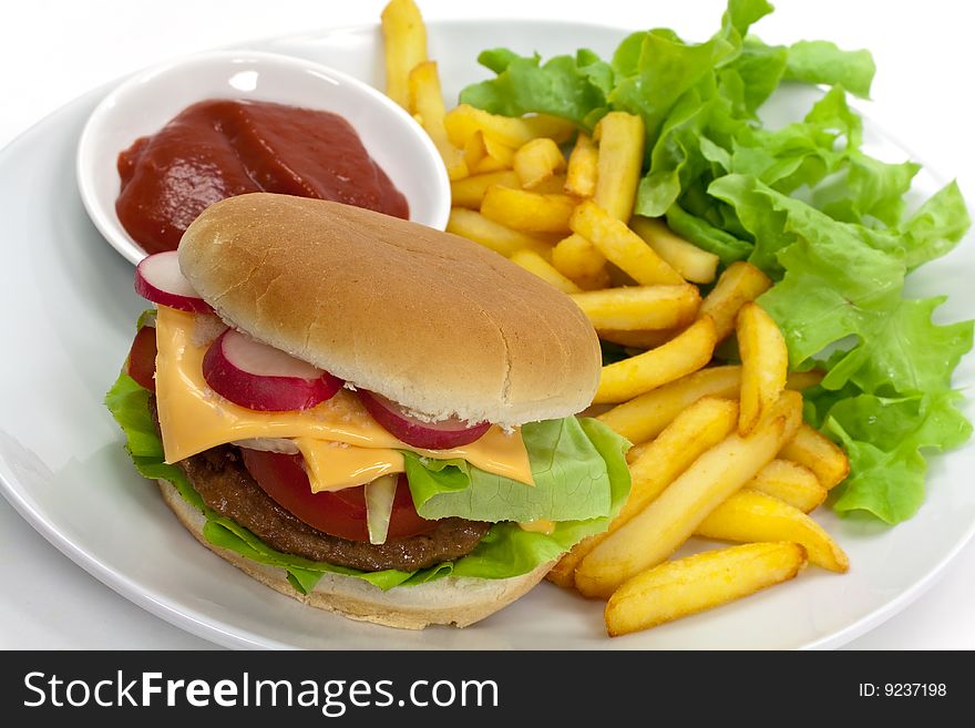 Hamburger with lettuce,cheddar,tomato