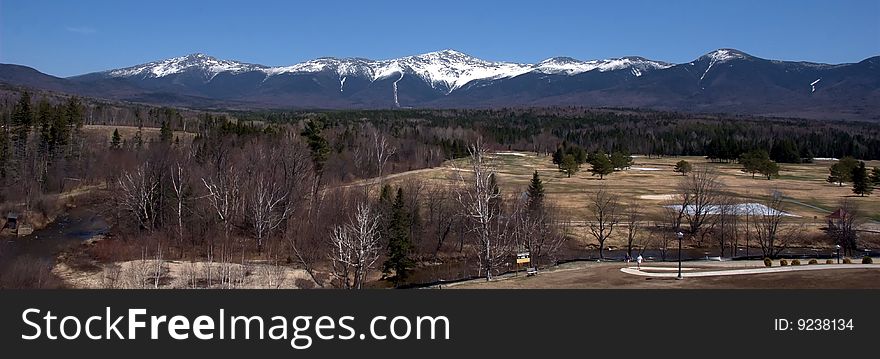 Wide angle photograph of the White Mountains located in the heart of New Hampshire.