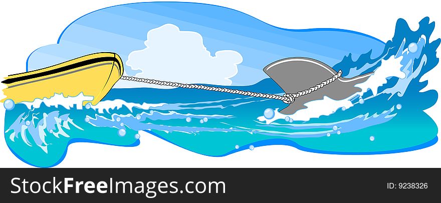 vector image; shark pulling a boat through waves. vector image; shark pulling a boat through waves
