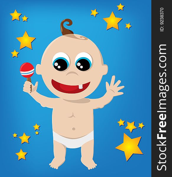Cute baby with a rattle on a blue star background. Cute baby with a rattle on a blue star background.