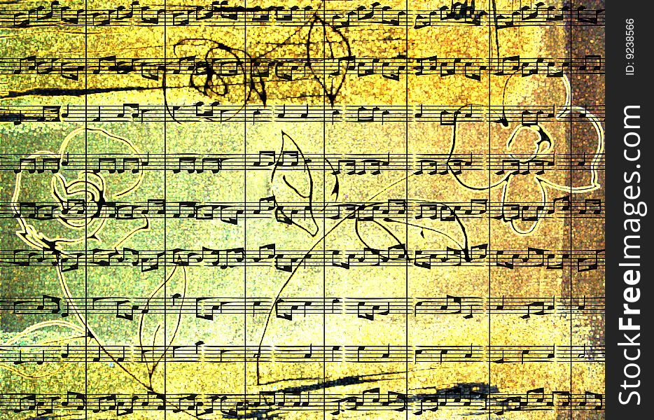 Music score and flowers grunge background. Music score and flowers grunge background