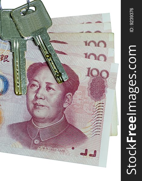 The china currency with two key, on white
