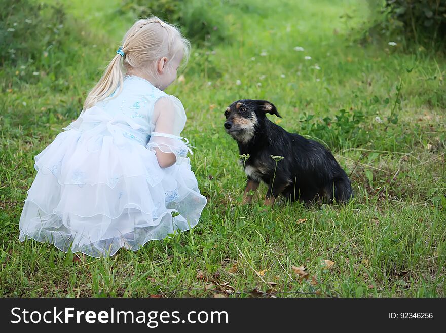 A little blonde girl with a dog in the summer garden