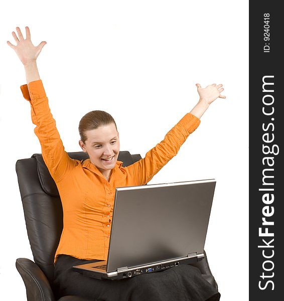 Young woman is happy at laptop