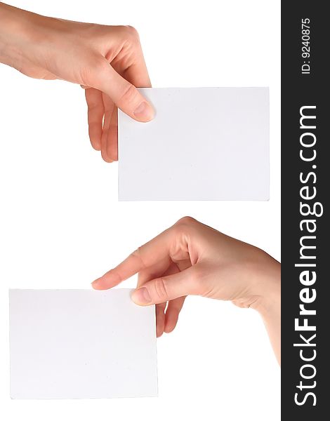 Blank paper leafs in hands isolated on white