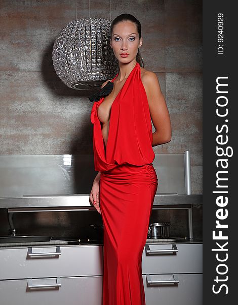 Woman in red luxury dress