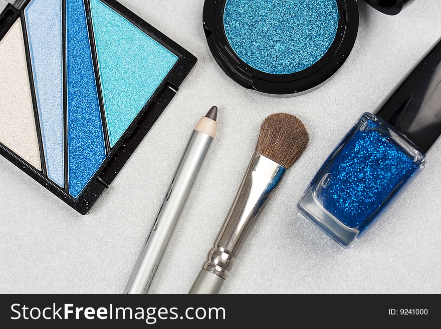 Blue make up set and brush. Blue make up set and brush