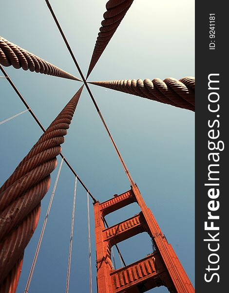 A pillar with steel cables of Golden Gate Bridge, San Francisco (USA)