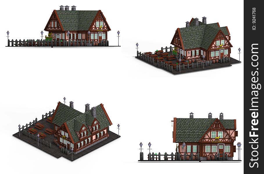 Four Views of an old fashioned house over white. Four Views of an old fashioned house over white