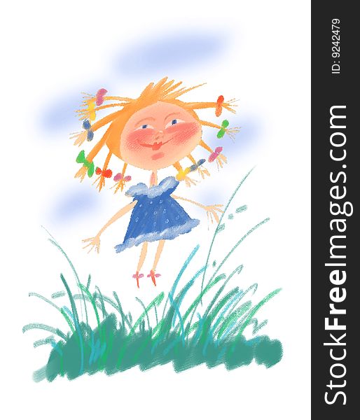 The girl with bows on a grass