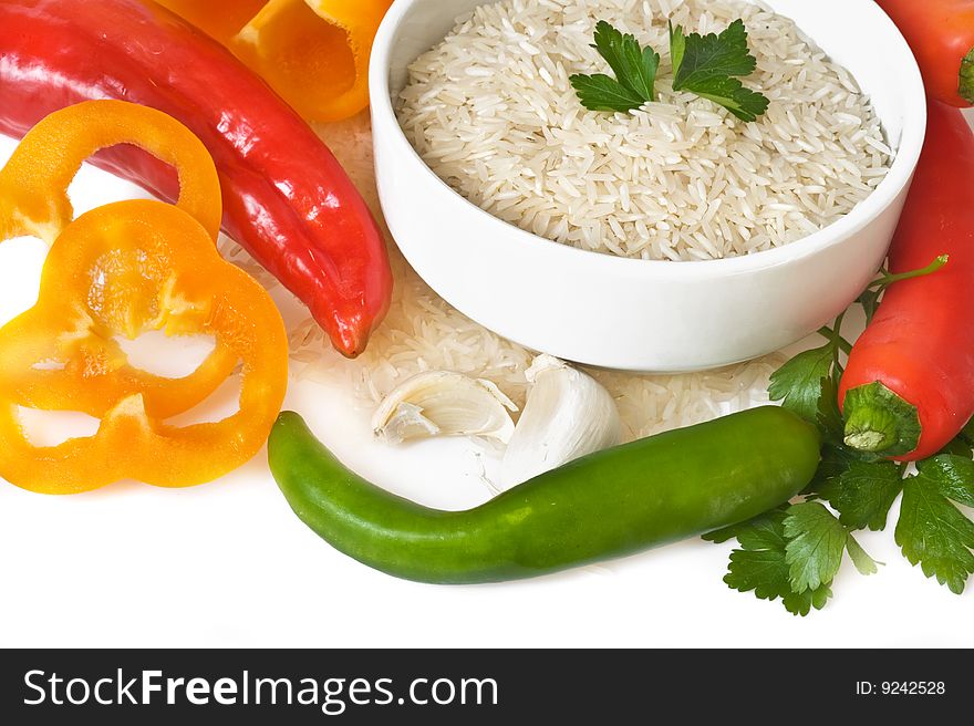 Vegetarian diet background with 
red pepper,green pepper and rice. Vegetarian diet background with 
red pepper,green pepper and rice