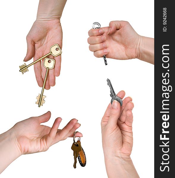 Five different keys in woman hands (set)