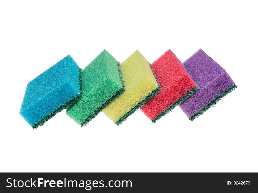 Five kitchen sponges of different colors isolated on white background. Five kitchen sponges of different colors isolated on white background